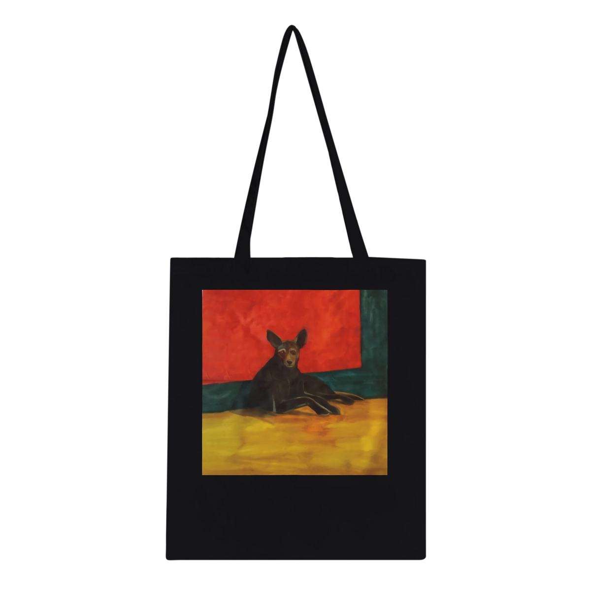 "Stray Against Sandinista Red Wall" — a black street dog against a red wall, Granada, Nicaragua, painted by Peta Kaplan, on a cotton tote bag